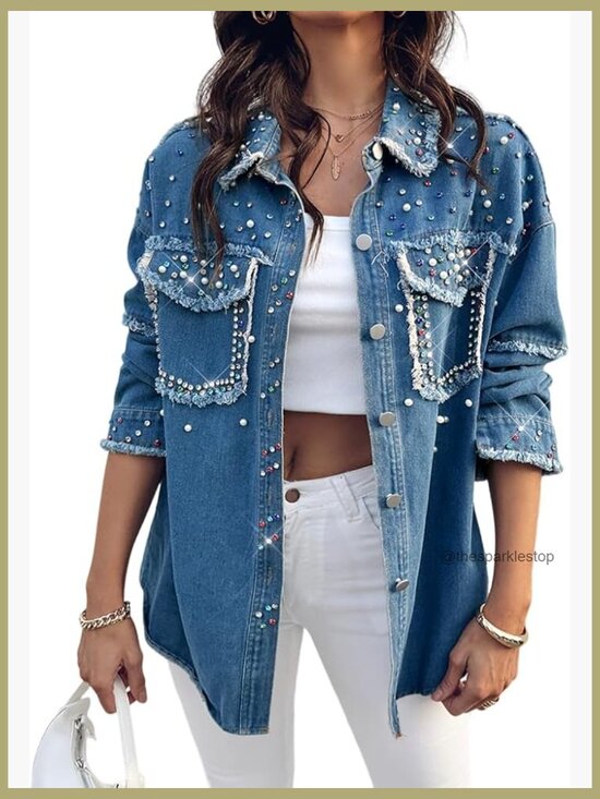 Jackets & Blazers - Women's Denim Jacket with Sequin Pockets Rhinestone Long Sleeve Casual Coat